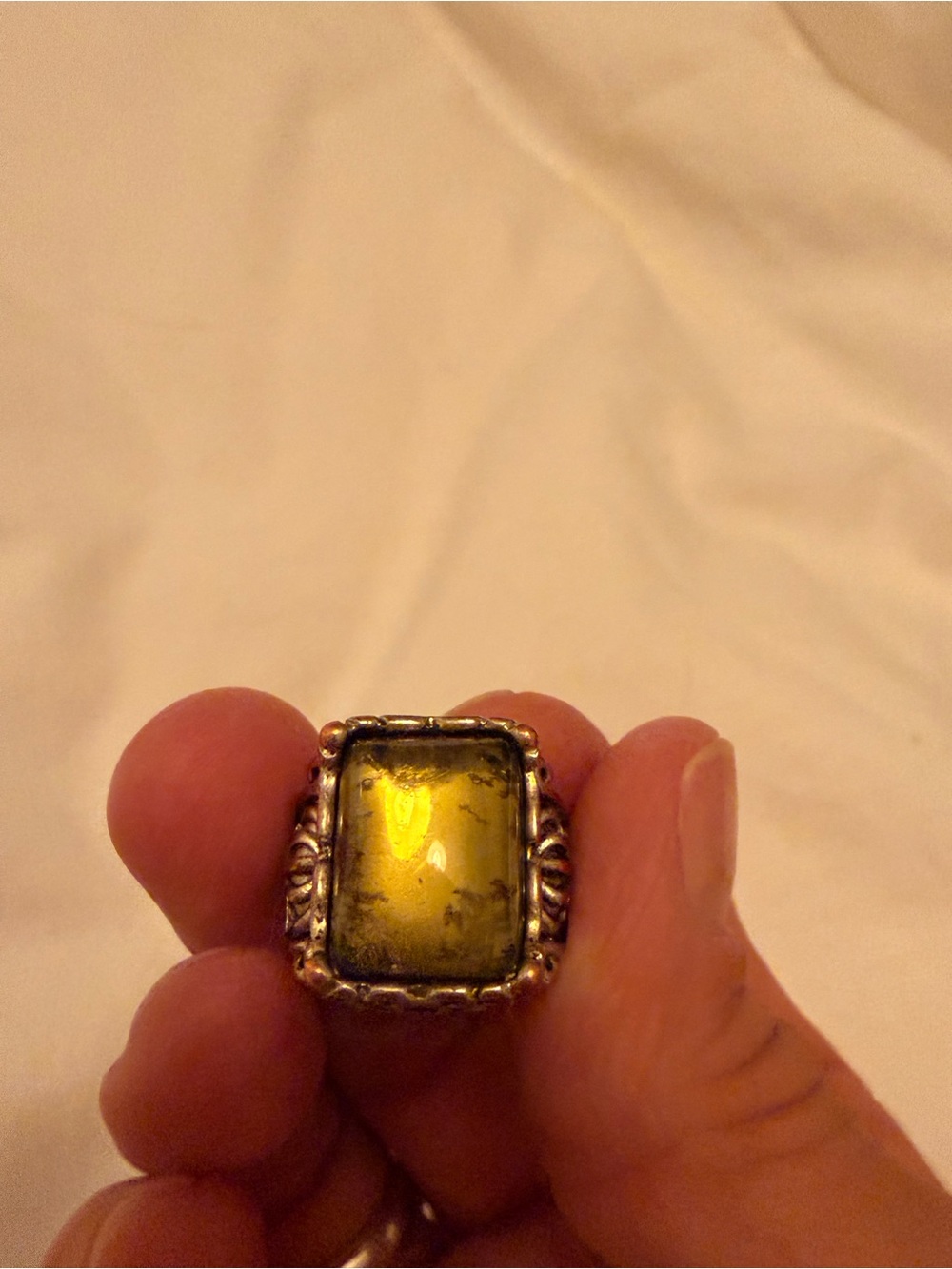 Free People Yellow/Green Glass Cabochon Ring in Silver-Tone Setting